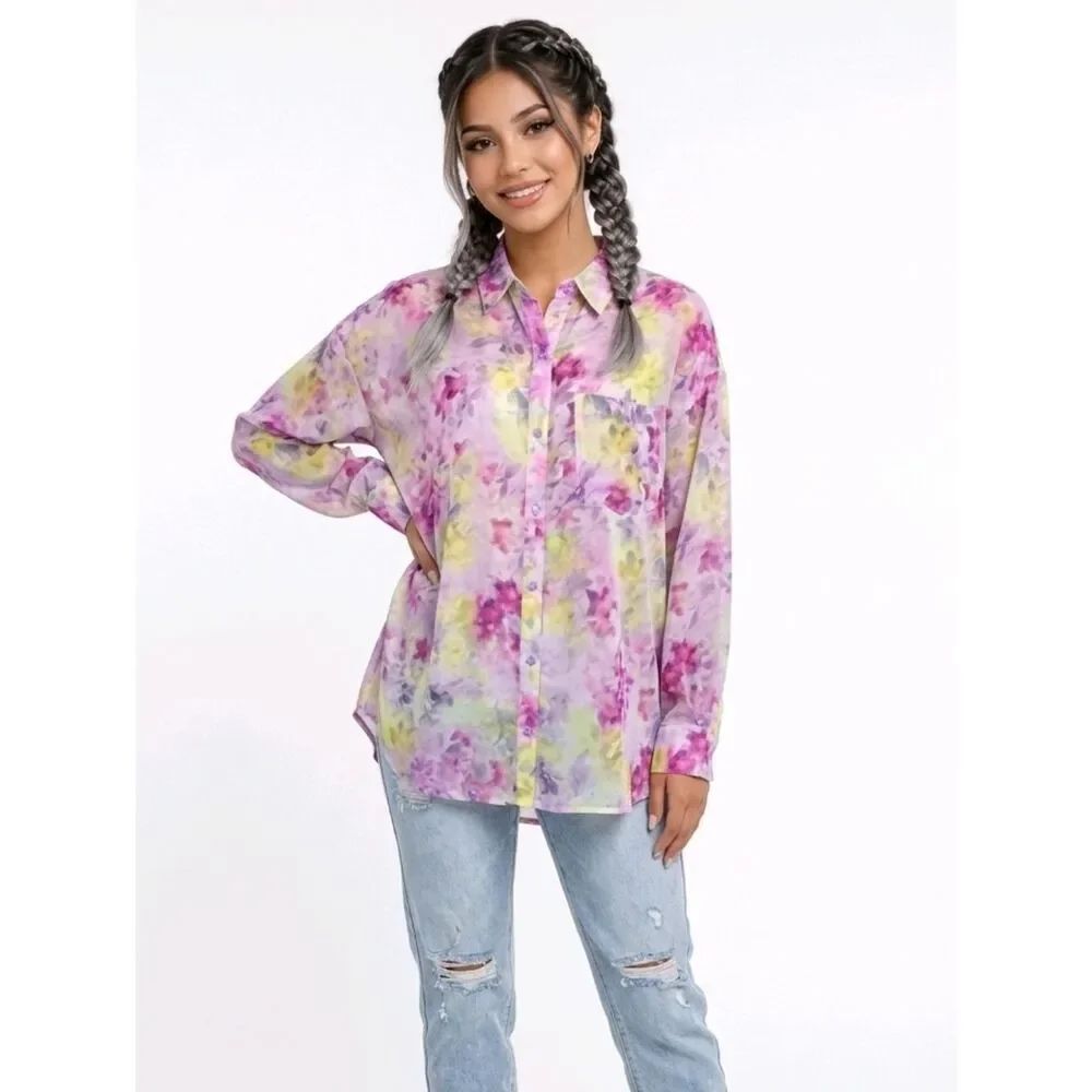 Bar III Floral Watercolor-Print Long Sleeve Button Down Sheer Blouse Size M
